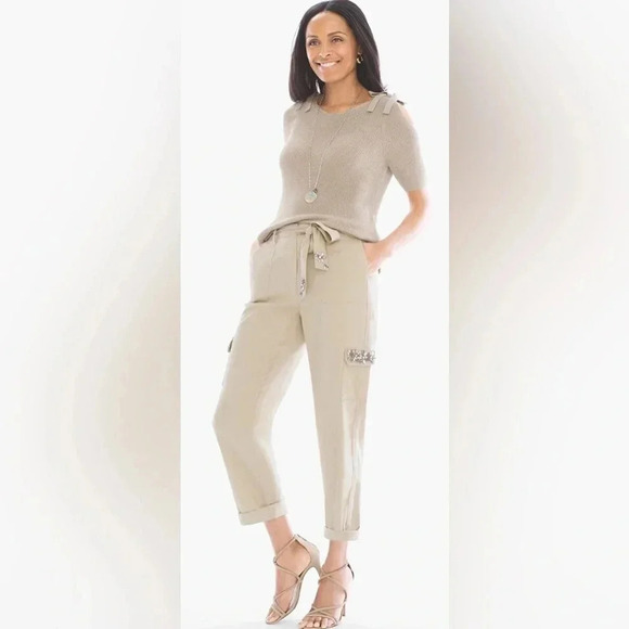 🤍Chico’s Casual linen blend Embellished Utility Crop Pants, XS/2 - Picture 1 of 17